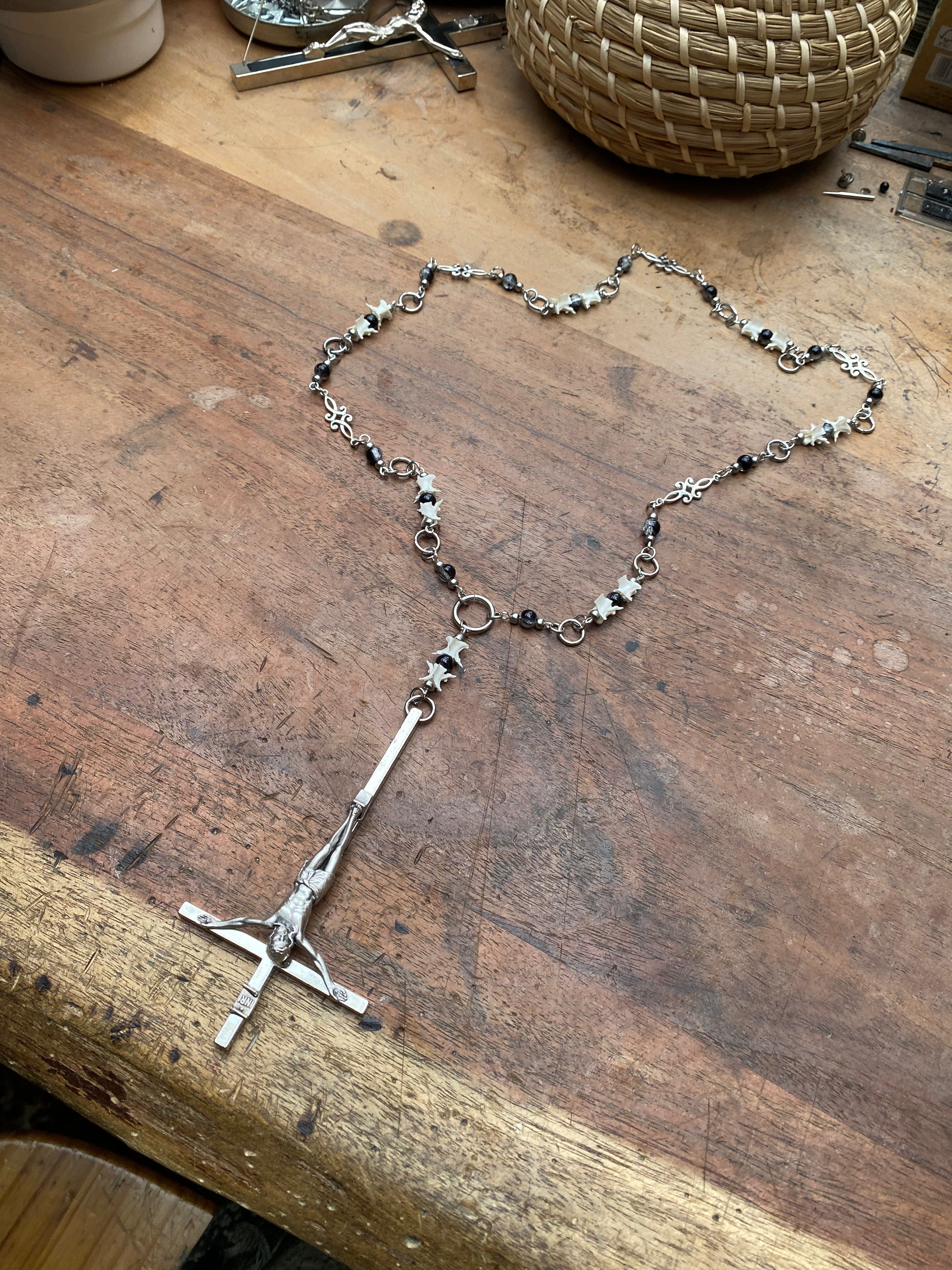 Inverted Crucifix with Snake Vertebrae Rosary Necklace