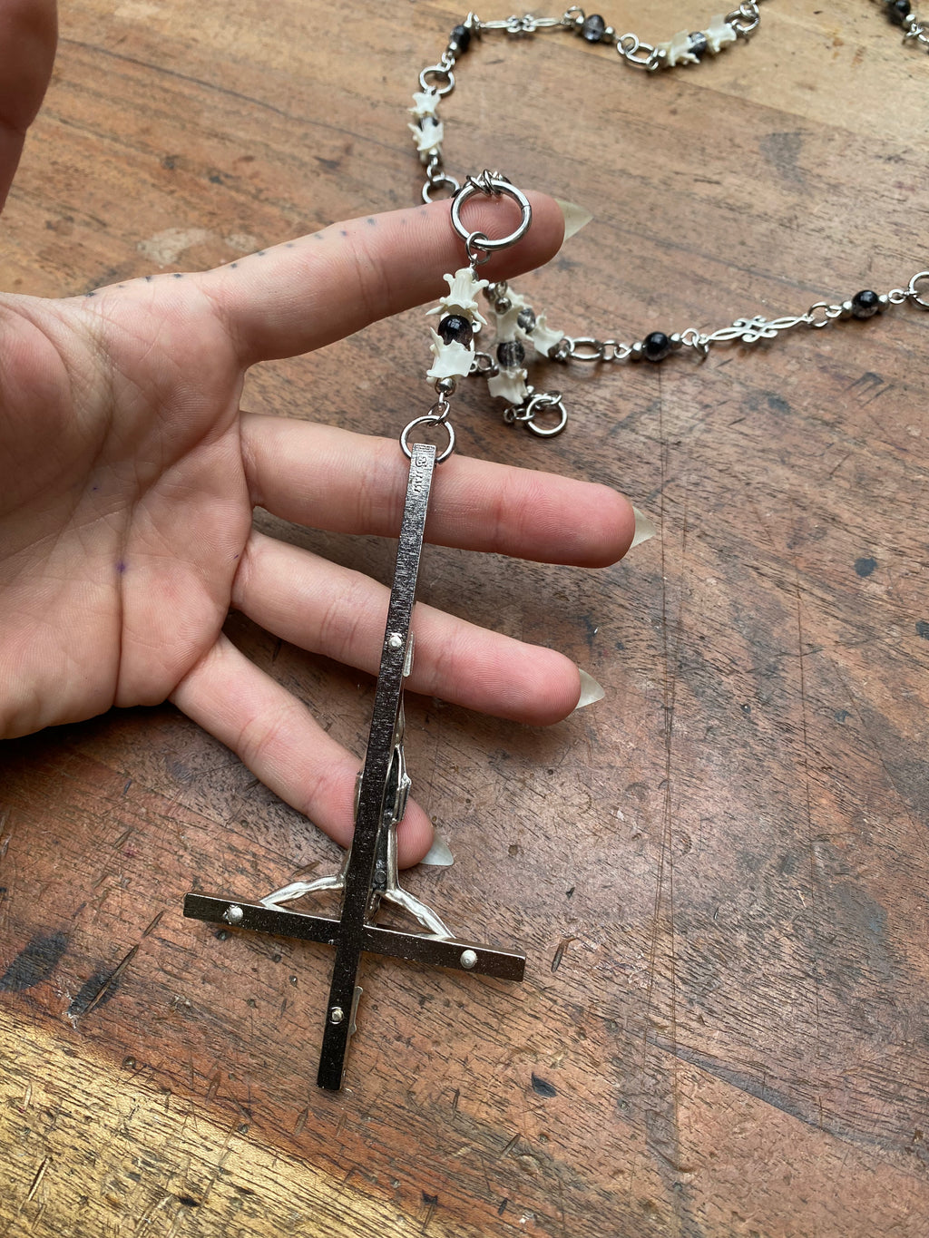 Inverted Crucifix with Snake Vertebrae Rosary Necklace