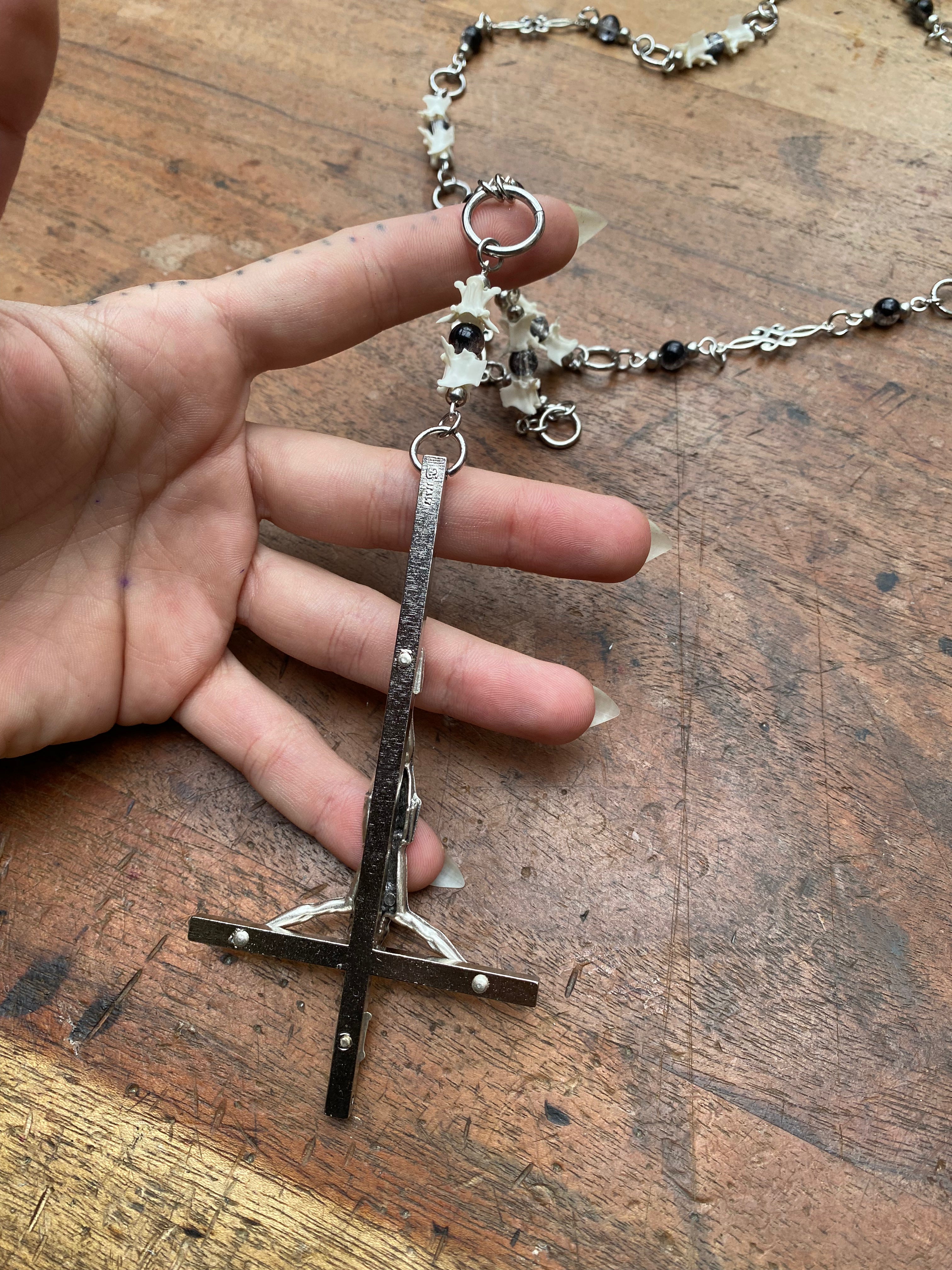 Inverted Crucifix with Snake Vertebrae Rosary Necklace