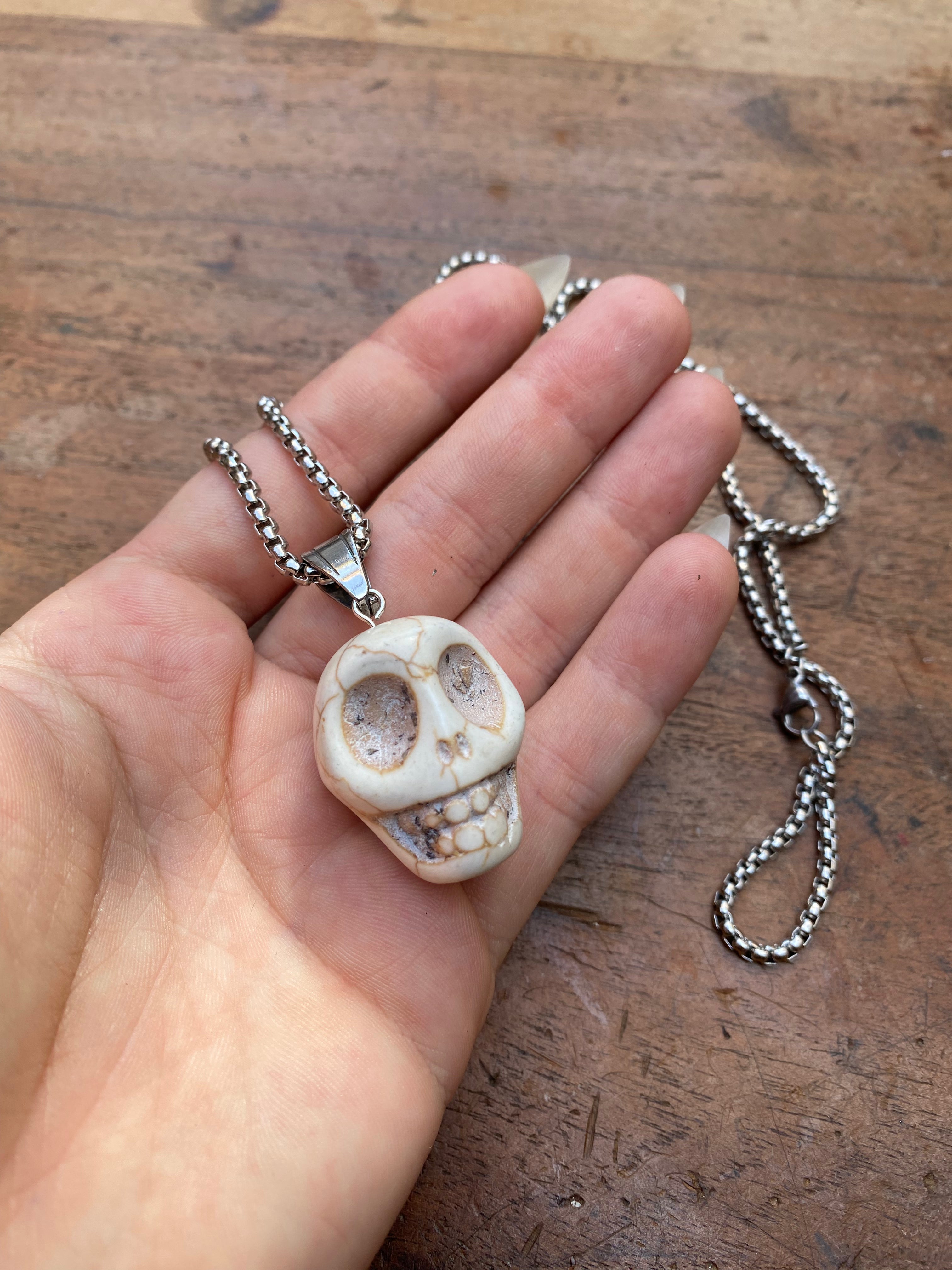 Large Craved Skull Pendant Necklace