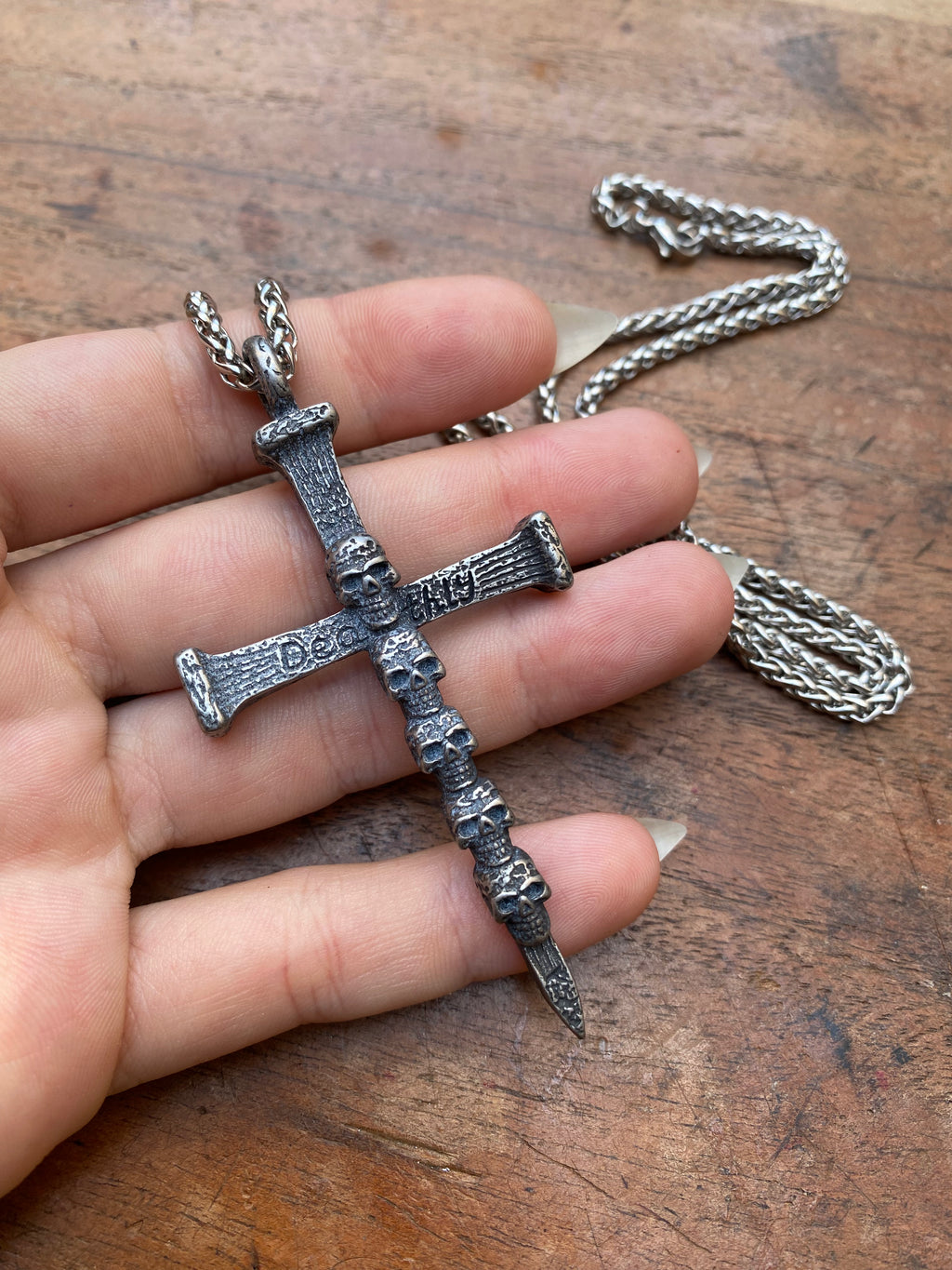Stainless Steel Cross and Skulls Pendant Necklace