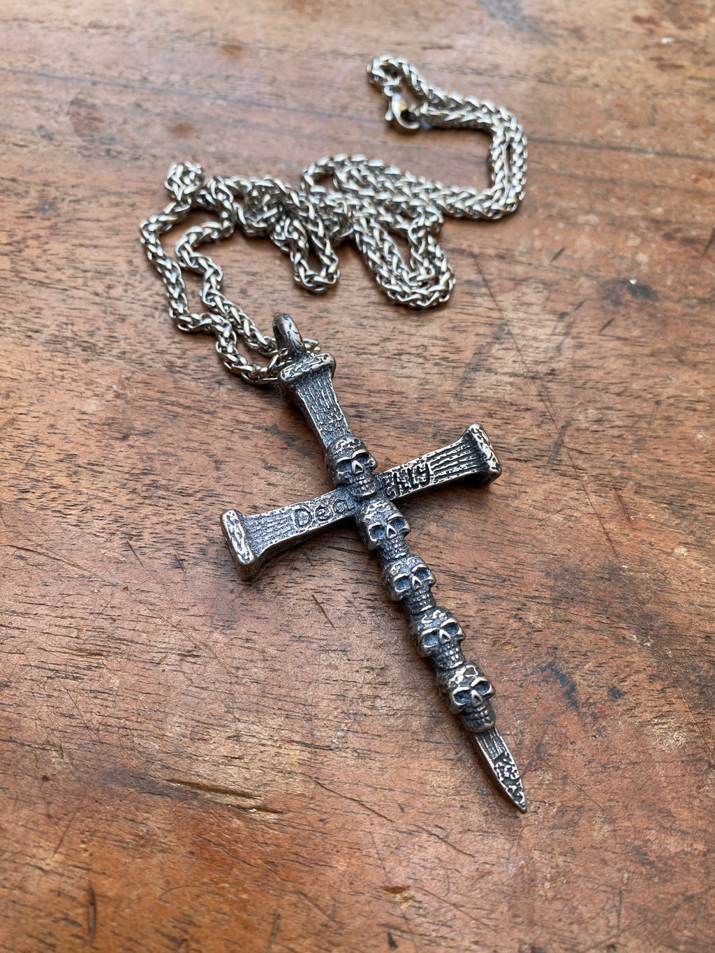 Stainless Steel Cross and Skulls Pendant Necklace