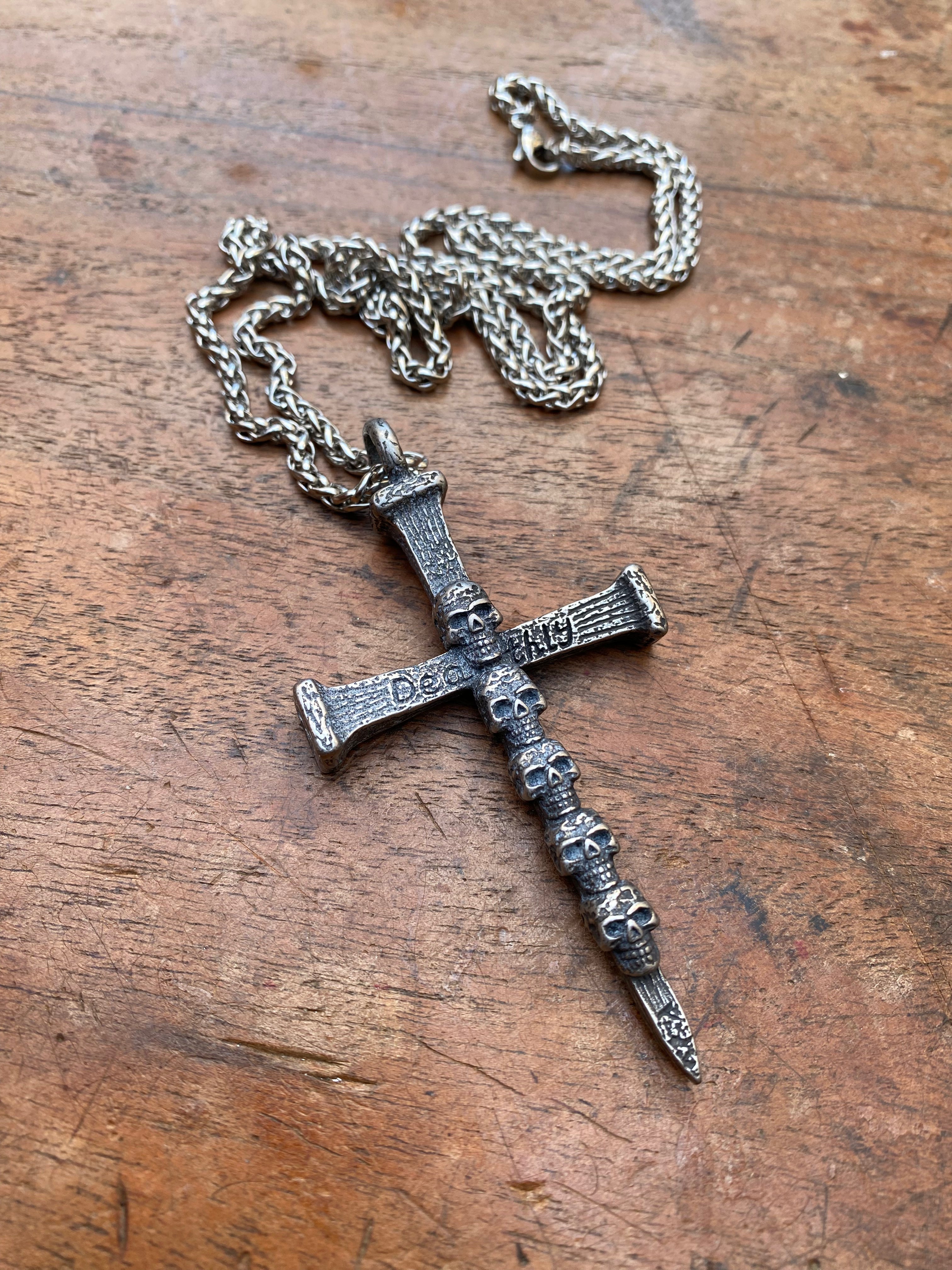 Stainless Steel Cross and Skulls Pendant Necklace