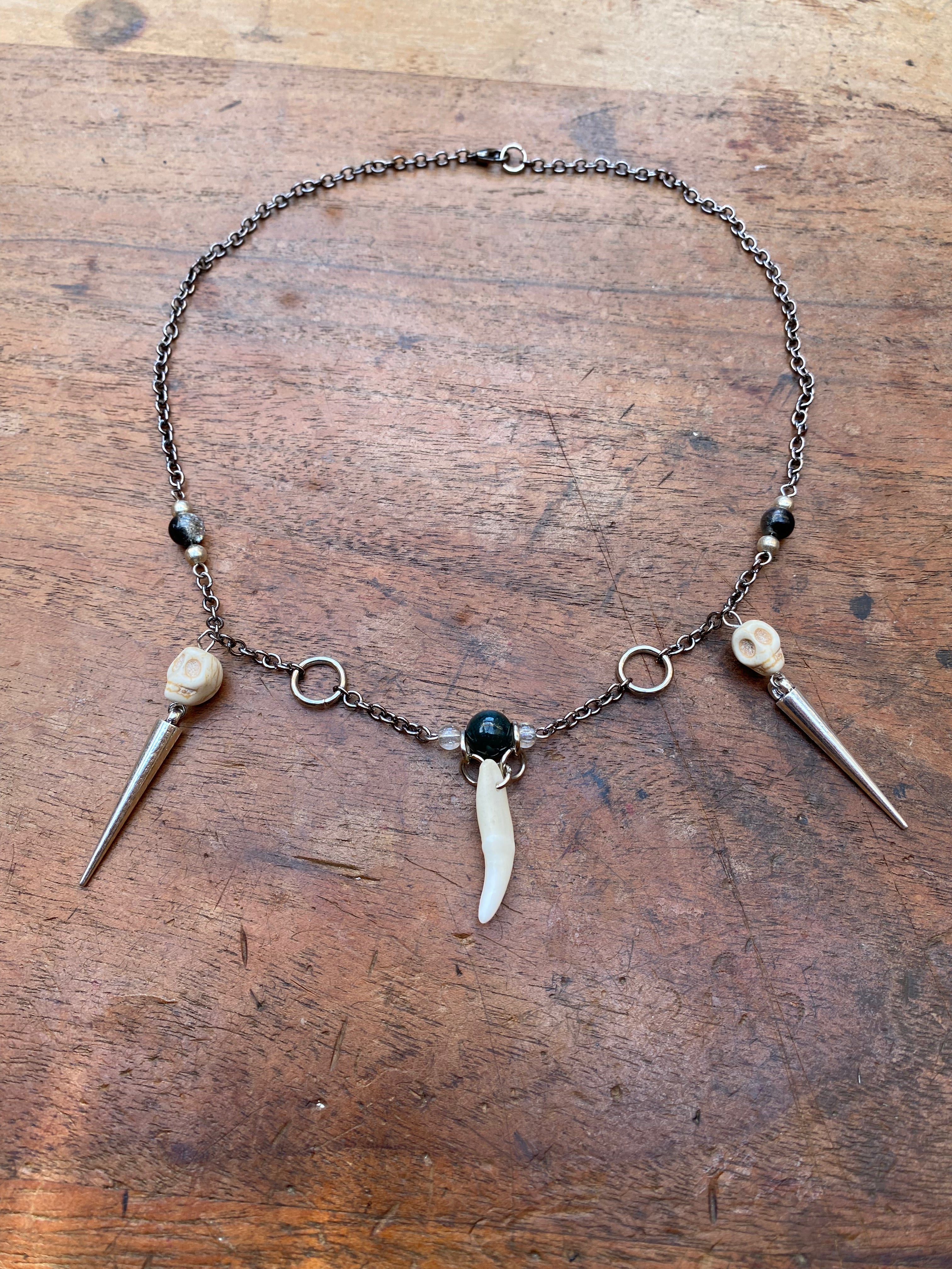 Fox Tooth and Moss Agate Necklace
