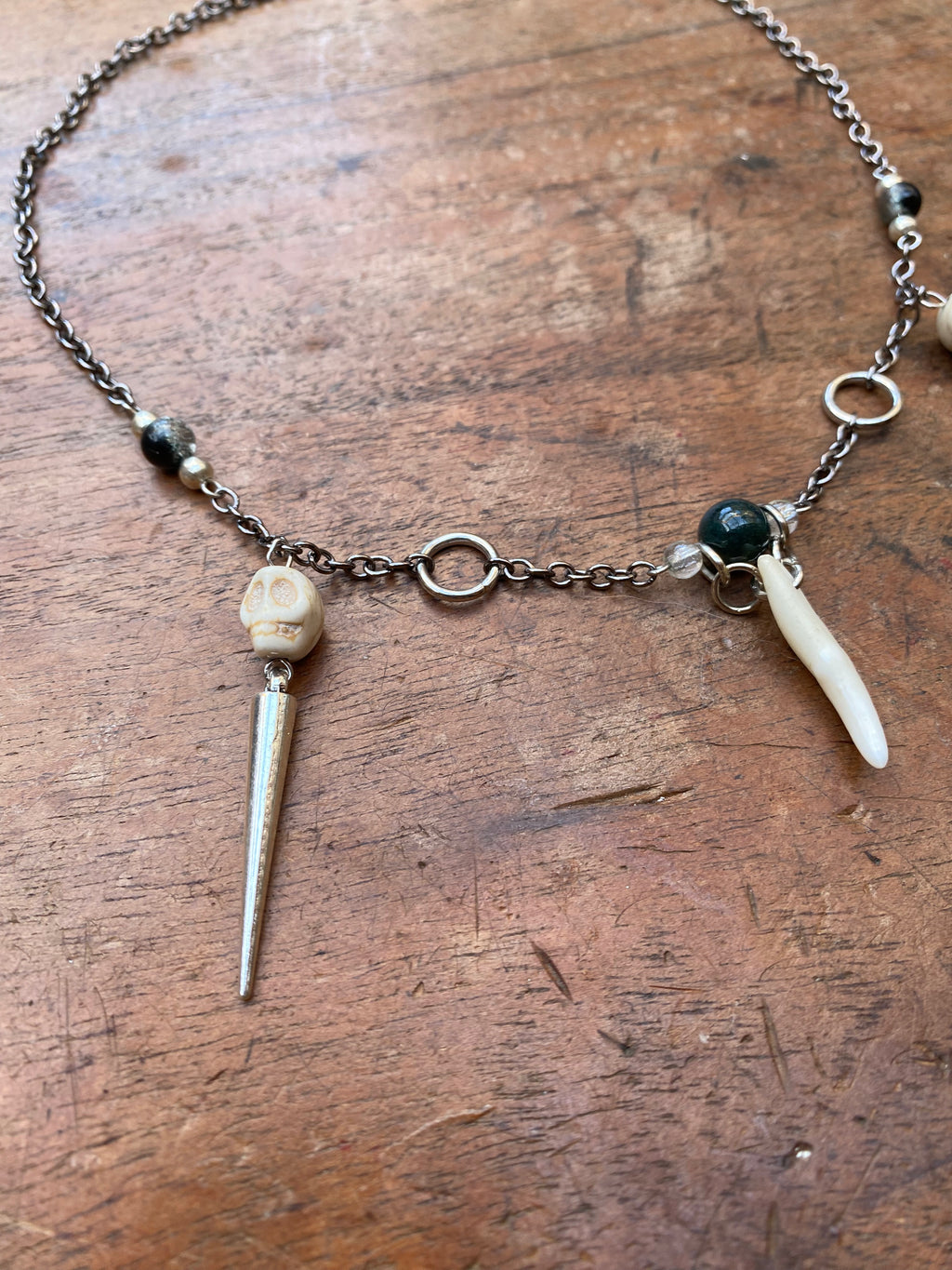 Fox Tooth and Moss Agate Necklace