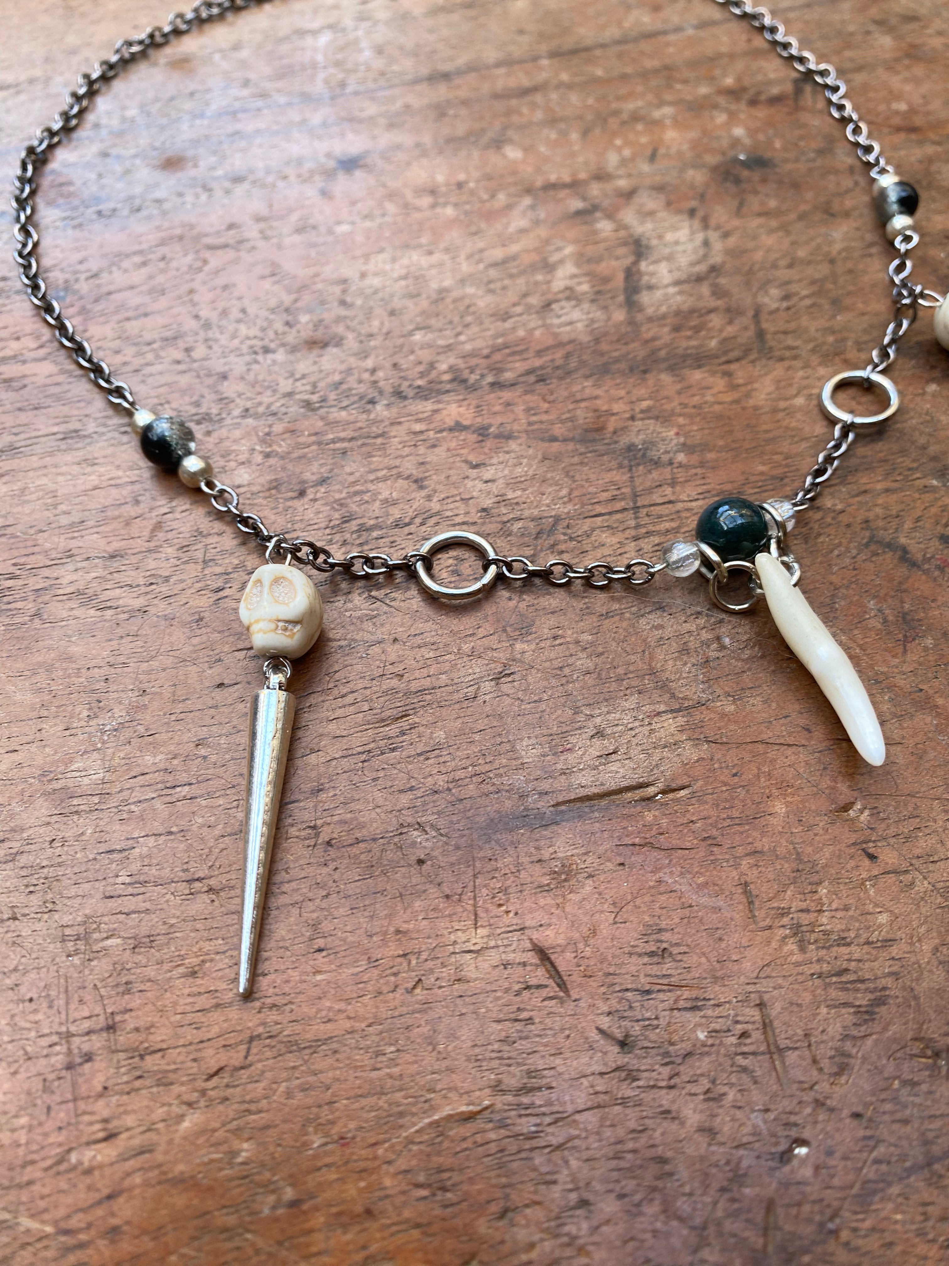 Fox Tooth and Moss Agate Necklace
