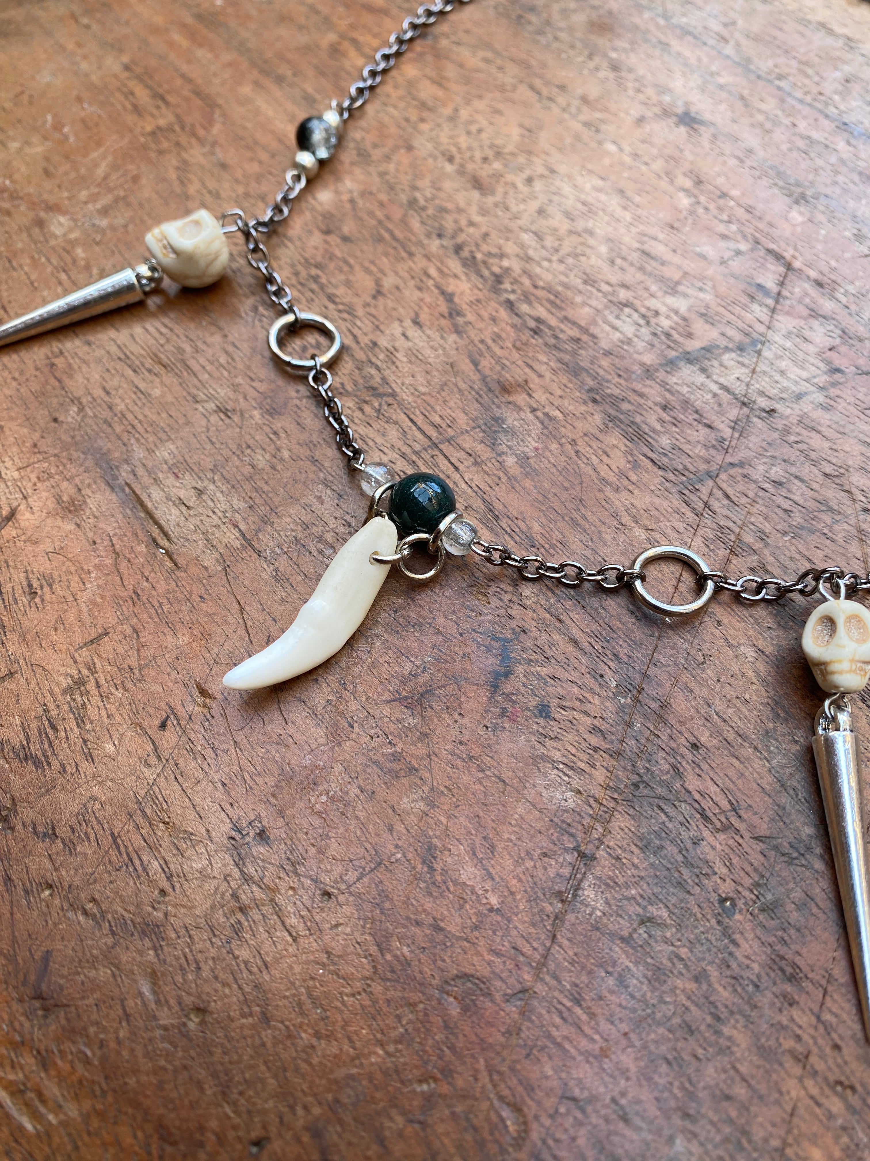 Fox Tooth and Moss Agate Necklace