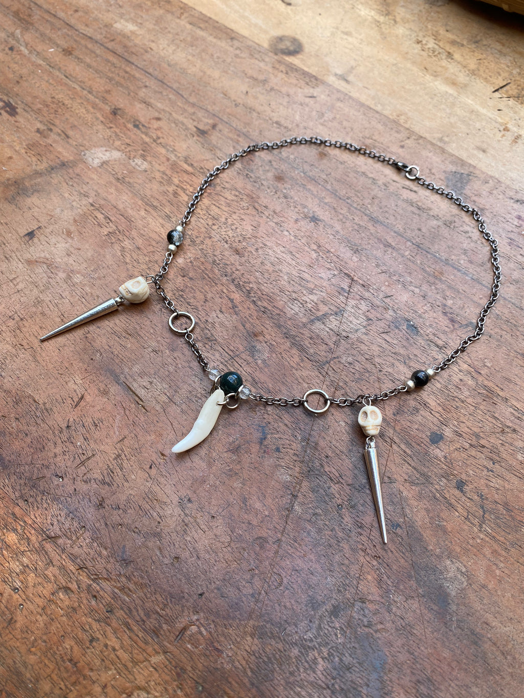 Fox Tooth and Moss Agate Necklace