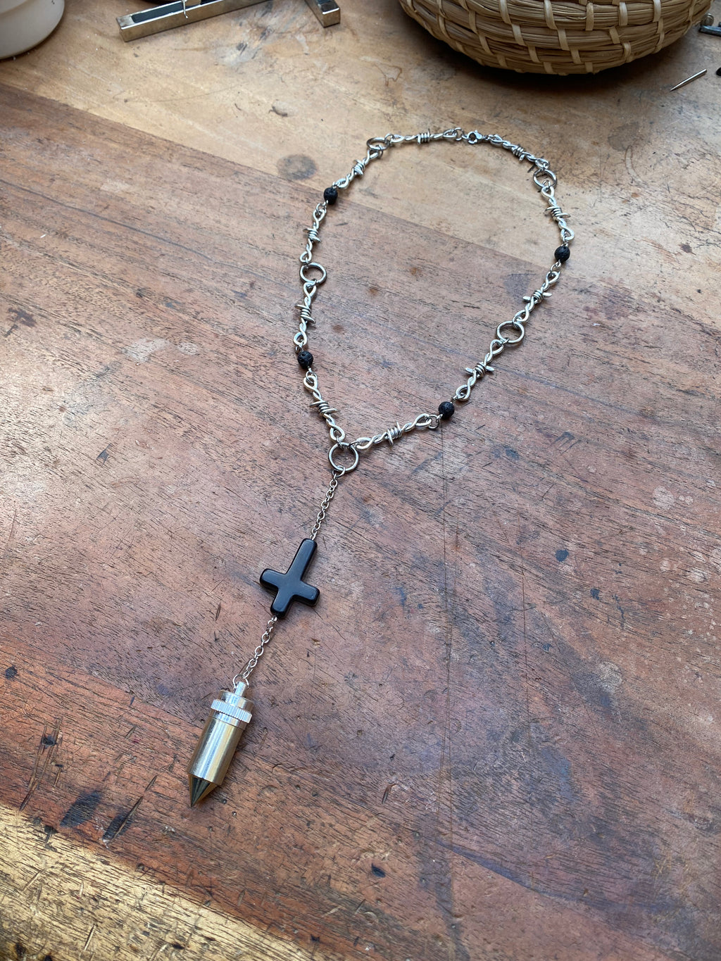 Openable Vial Pendulum and Volcanic Rock Necklace