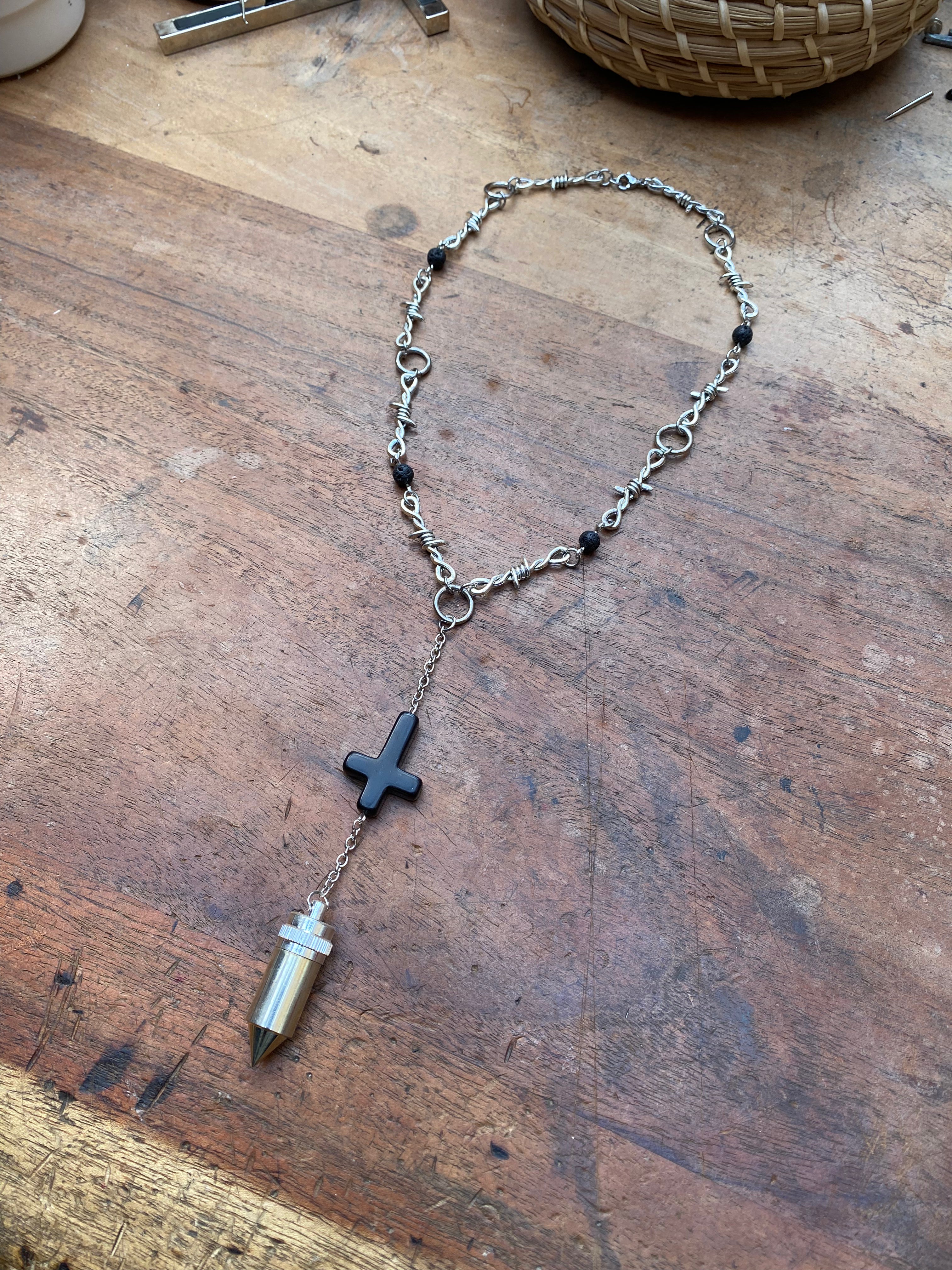 Openable Vial Pendulum and Volcanic Rock Necklace
