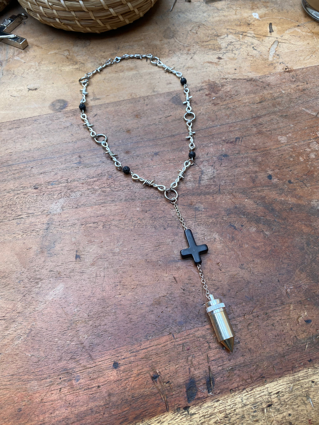 Openable Vial Pendulum and Volcanic Rock Necklace