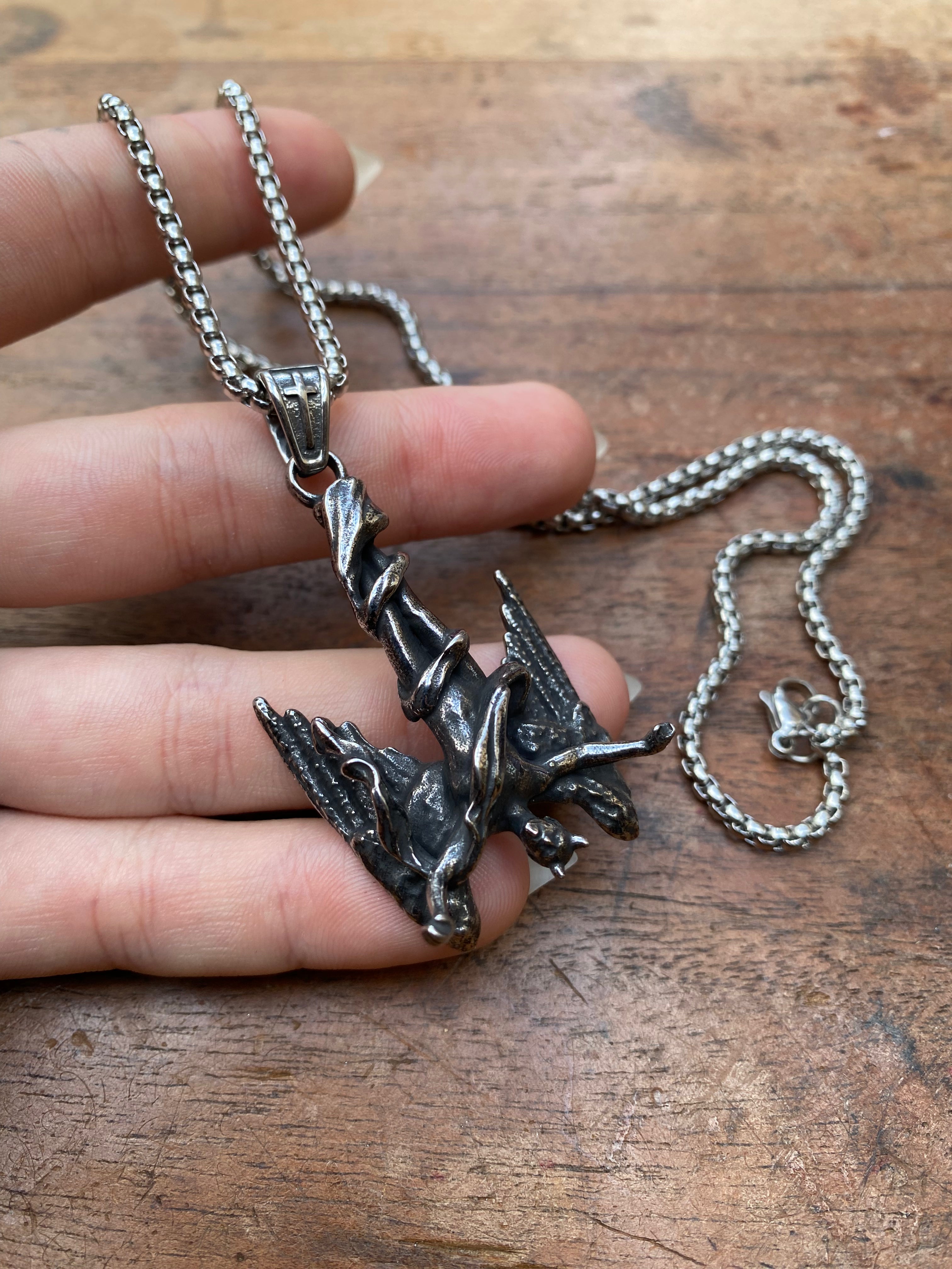 Stainless Steel Inverted Falling Angel Pendant Necklace