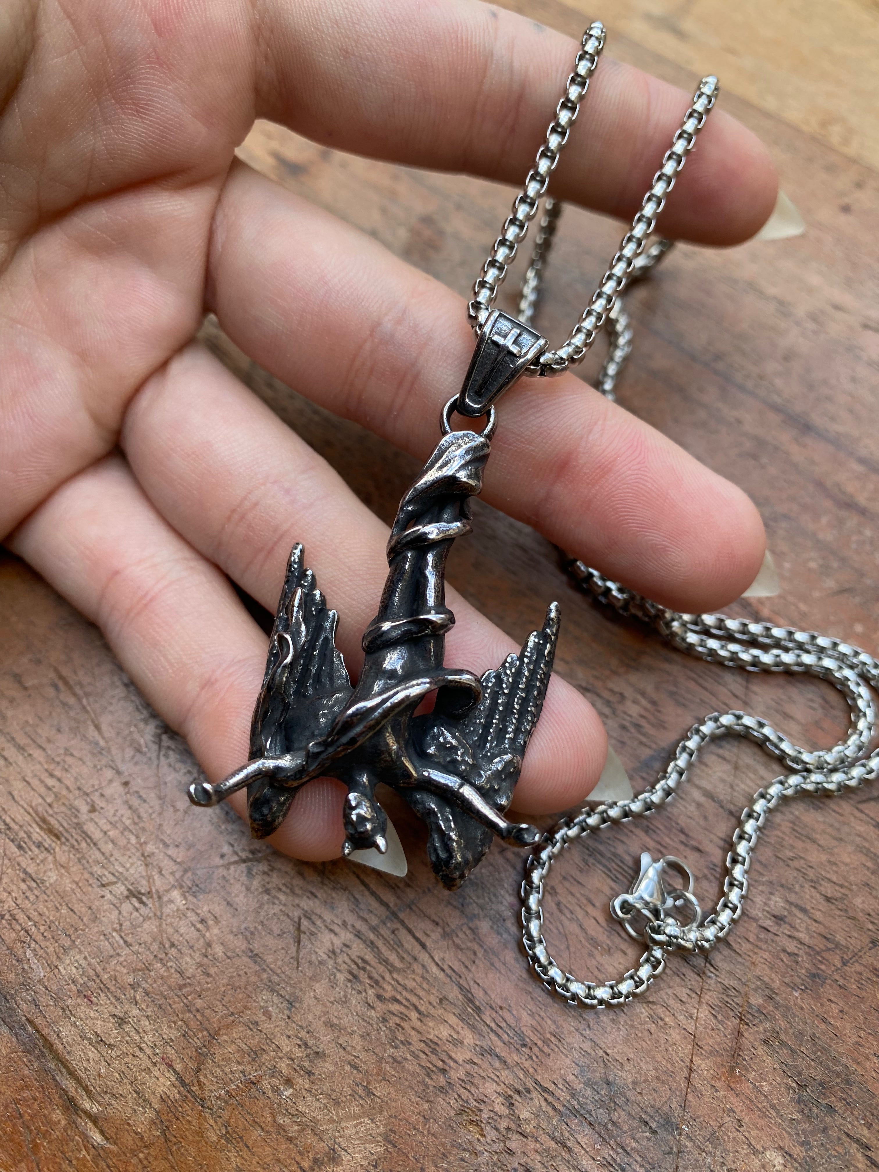 Stainless Steel Inverted Falling Angel Pendant Necklace