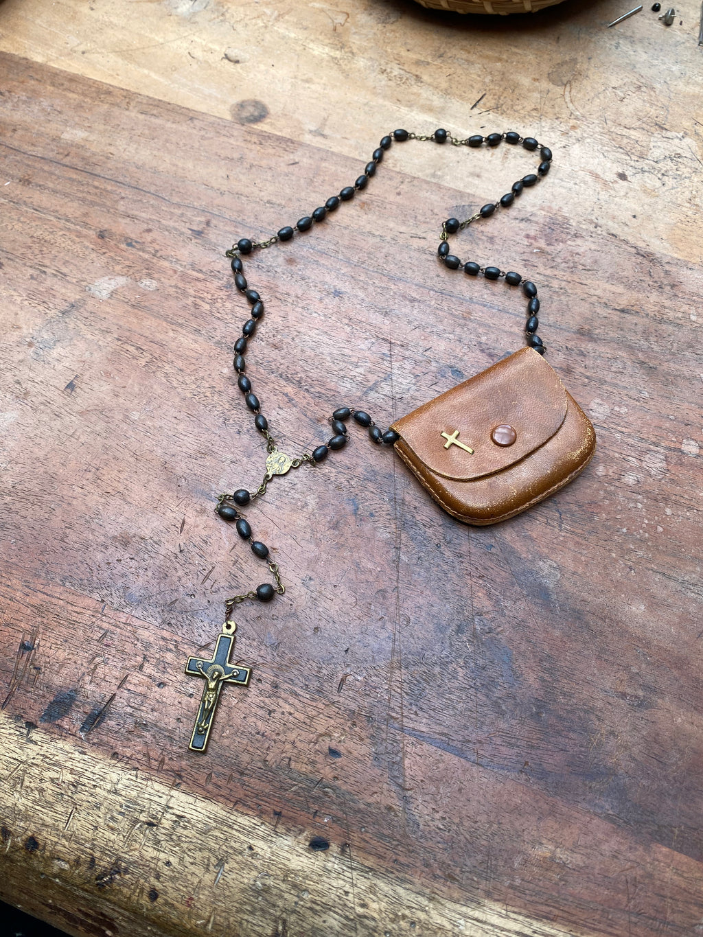 Vintage Wooden Rosary with Leather Case