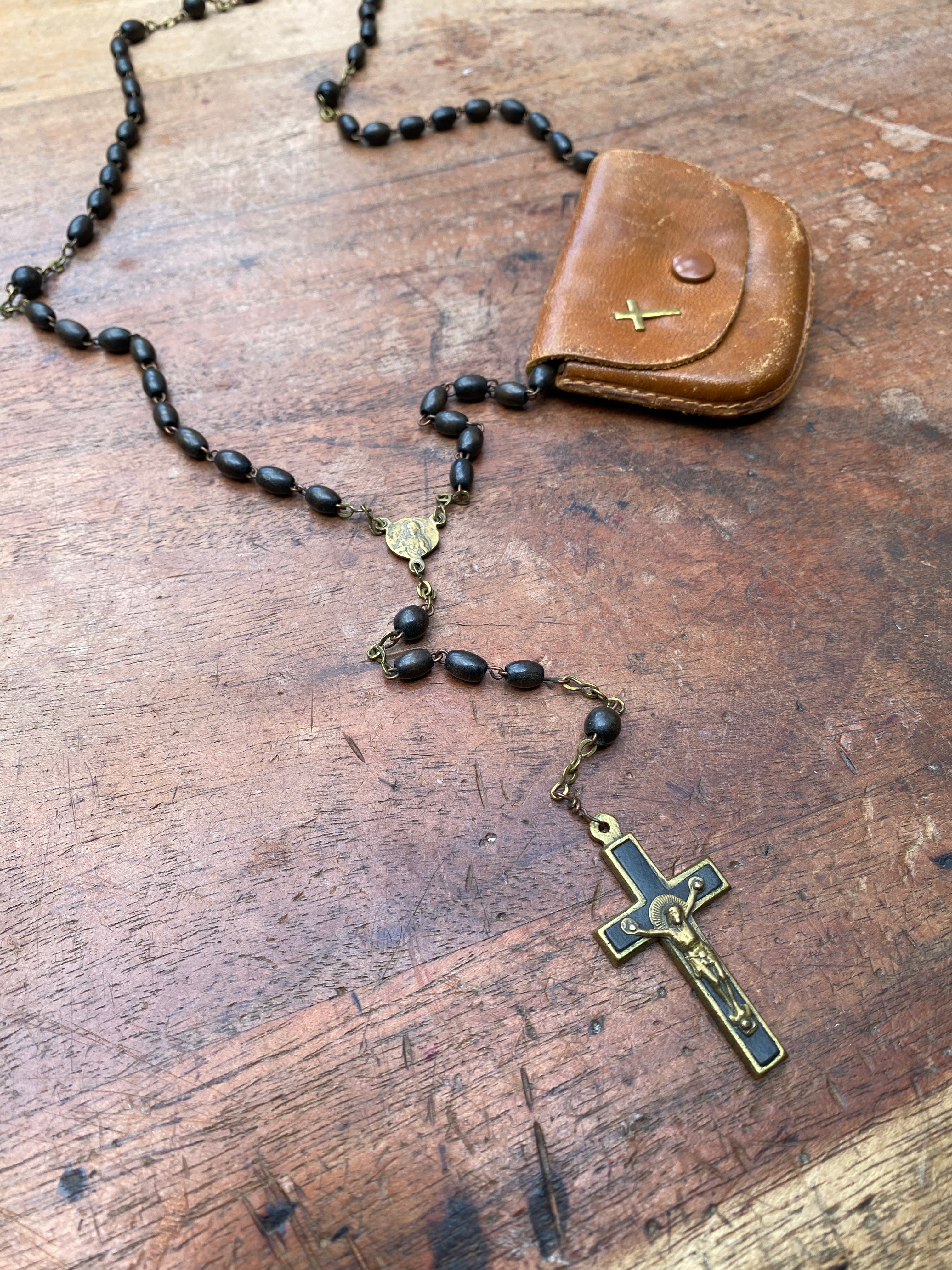 Vintage Wooden Rosary with Leather Case