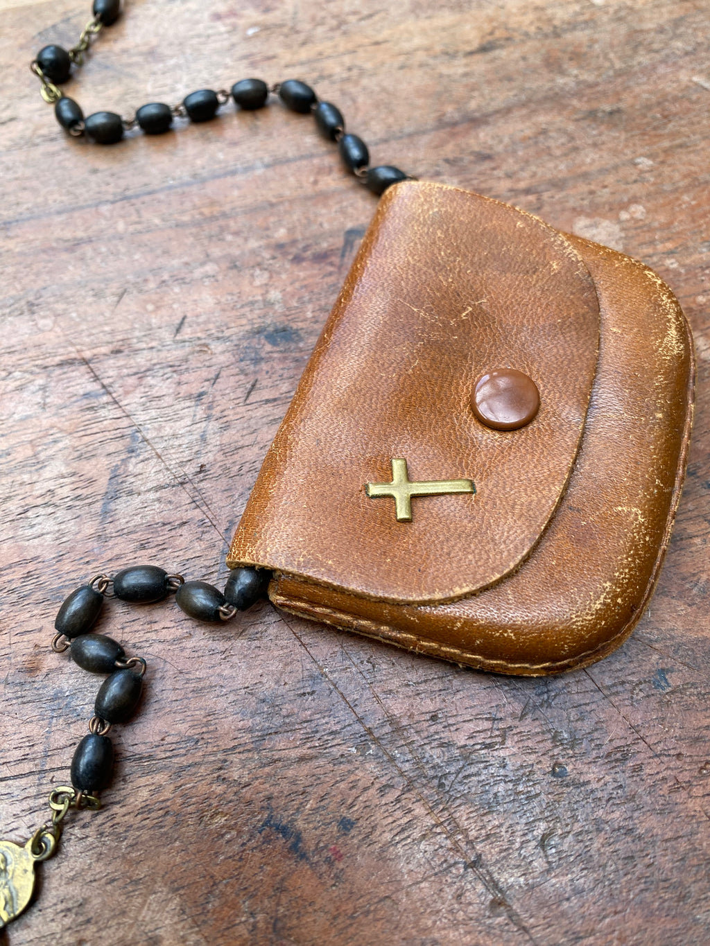 Vintage Wooden Rosary with Leather Case