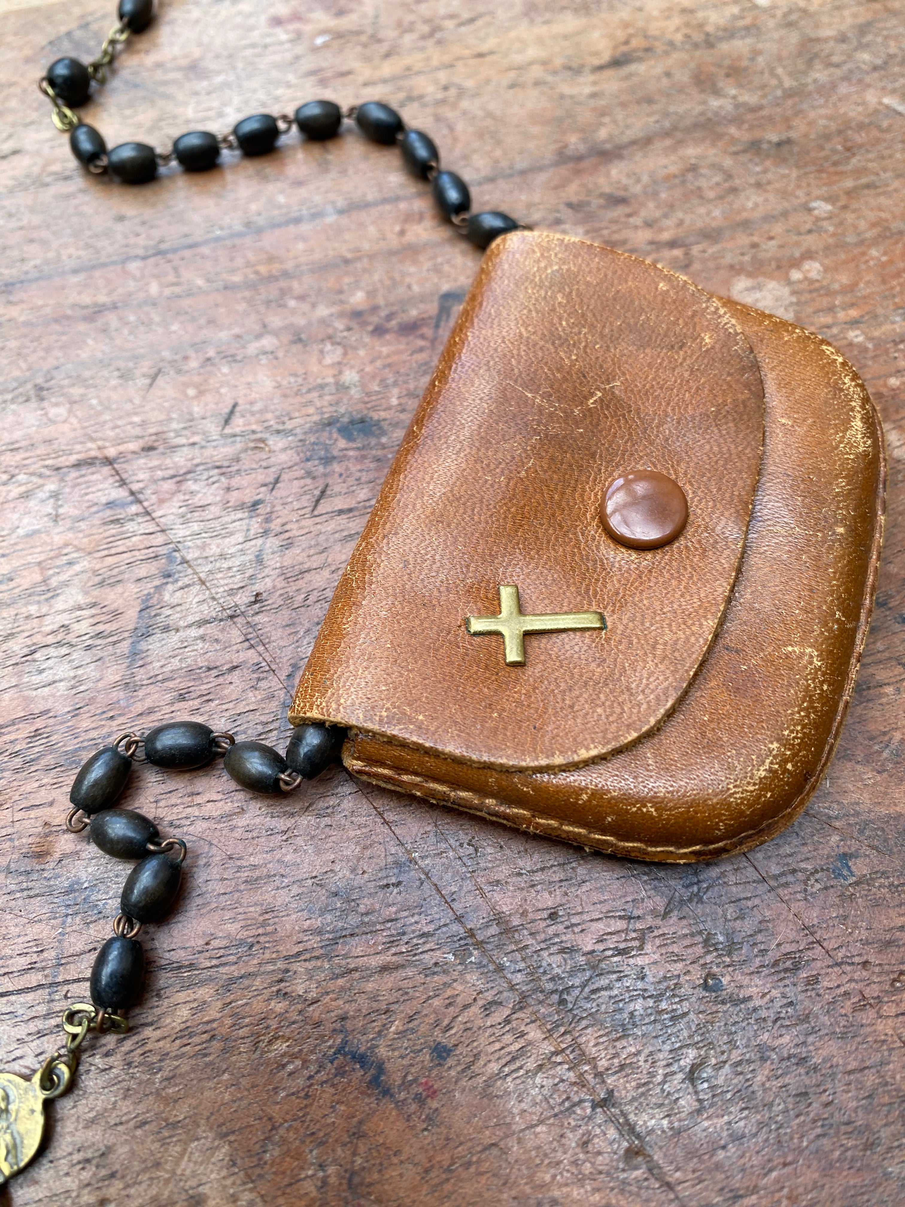 Vintage Wooden Rosary with Leather Case