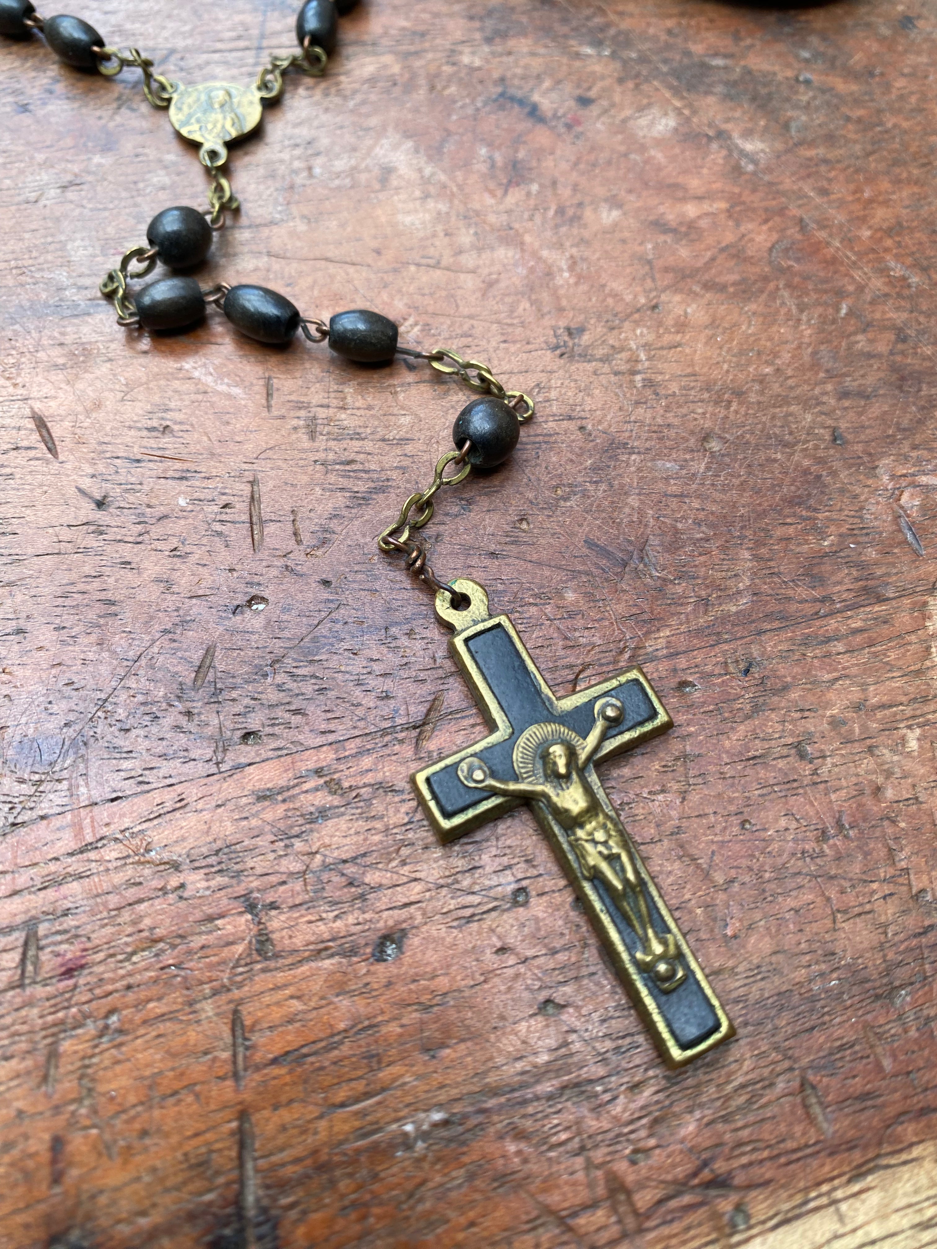 Vintage Wooden Rosary with Leather Case