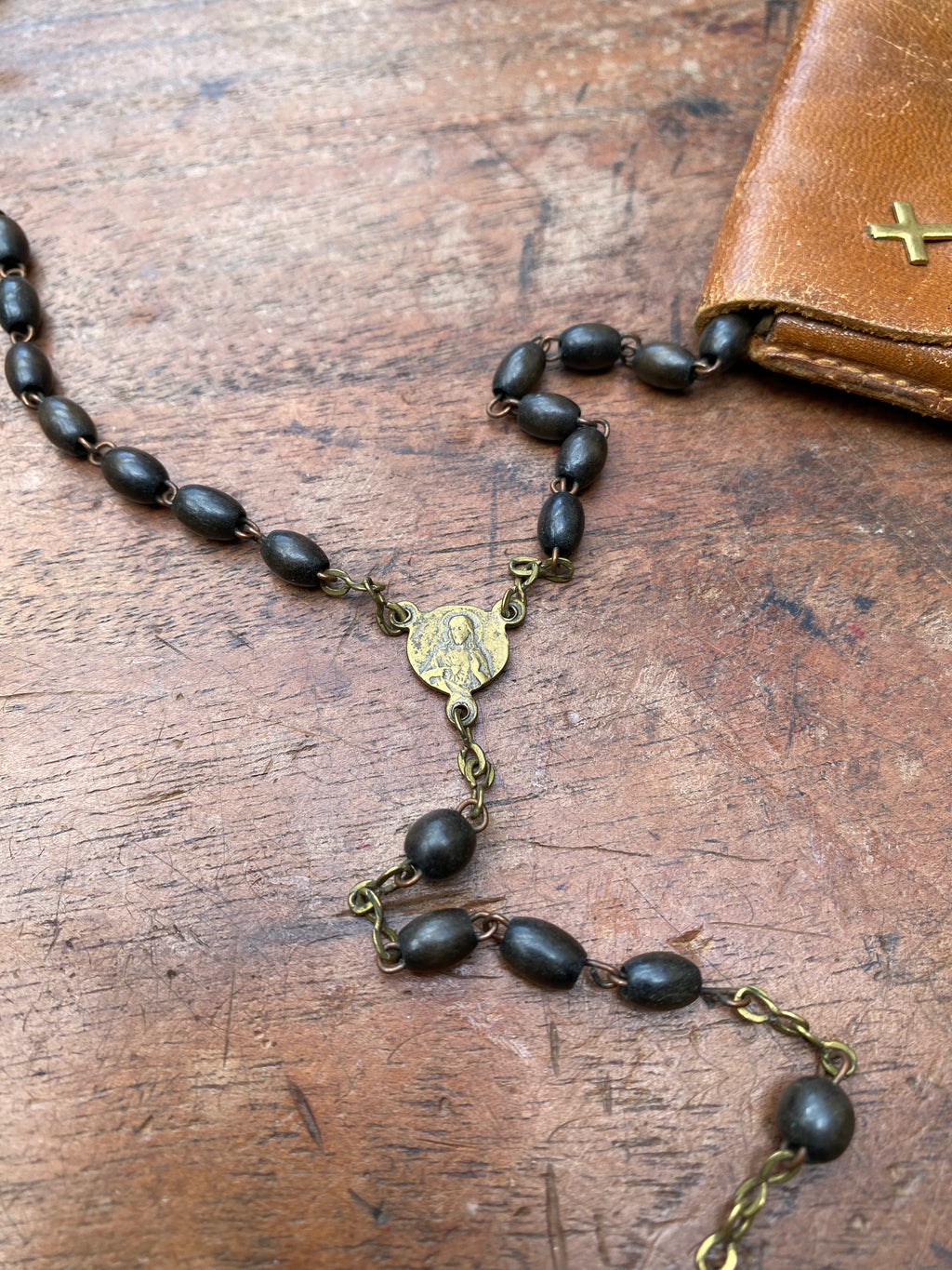 Vintage Wooden Rosary with Leather Case