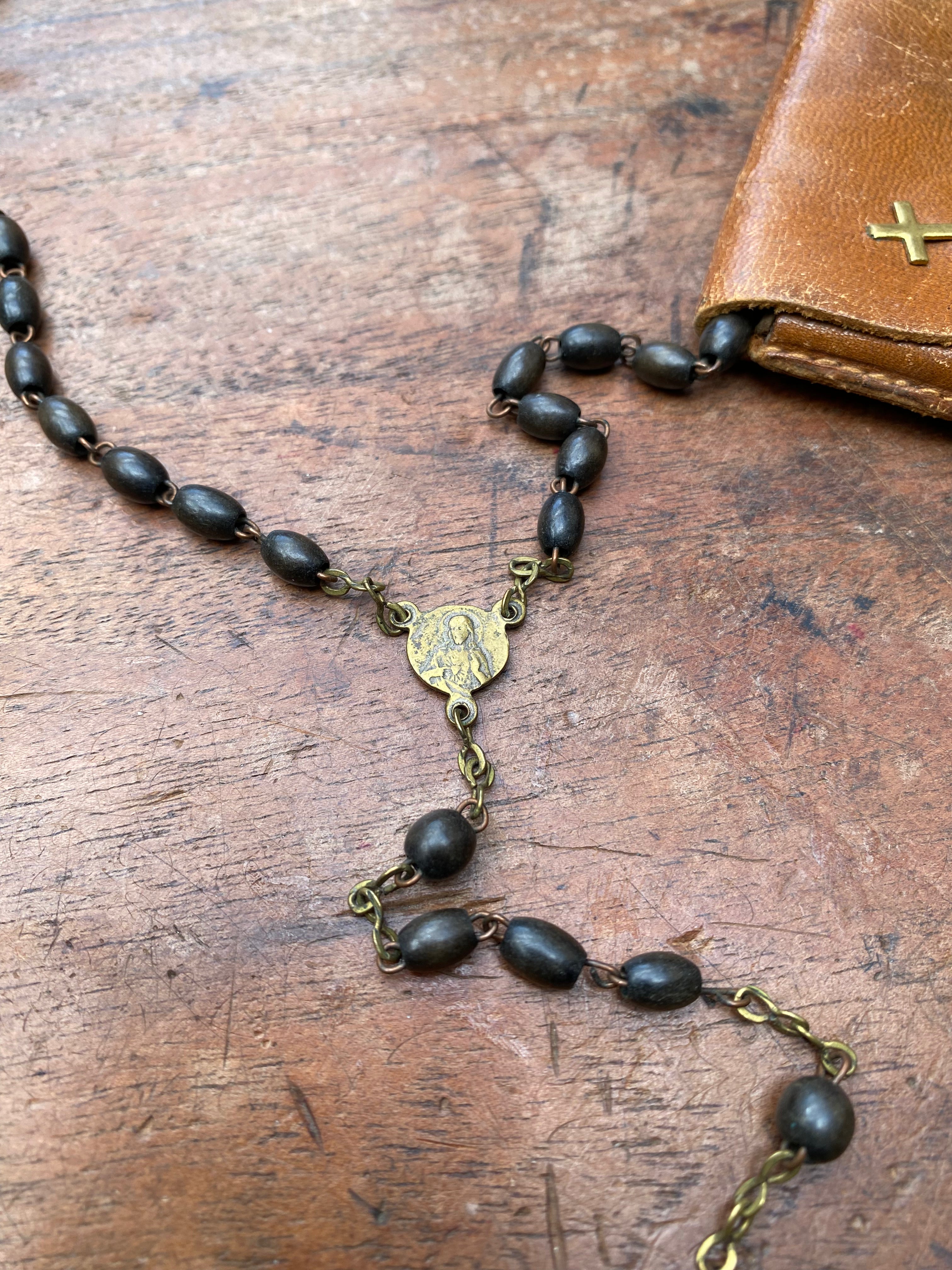 Vintage Wooden Rosary with Leather Case