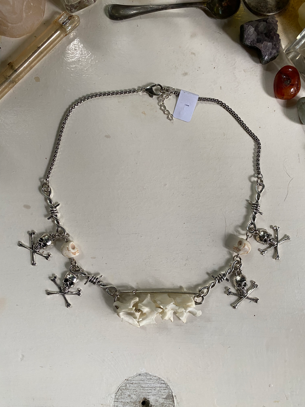 Mink Vertibrae on Safety Pin and Skulls Necklace image 4