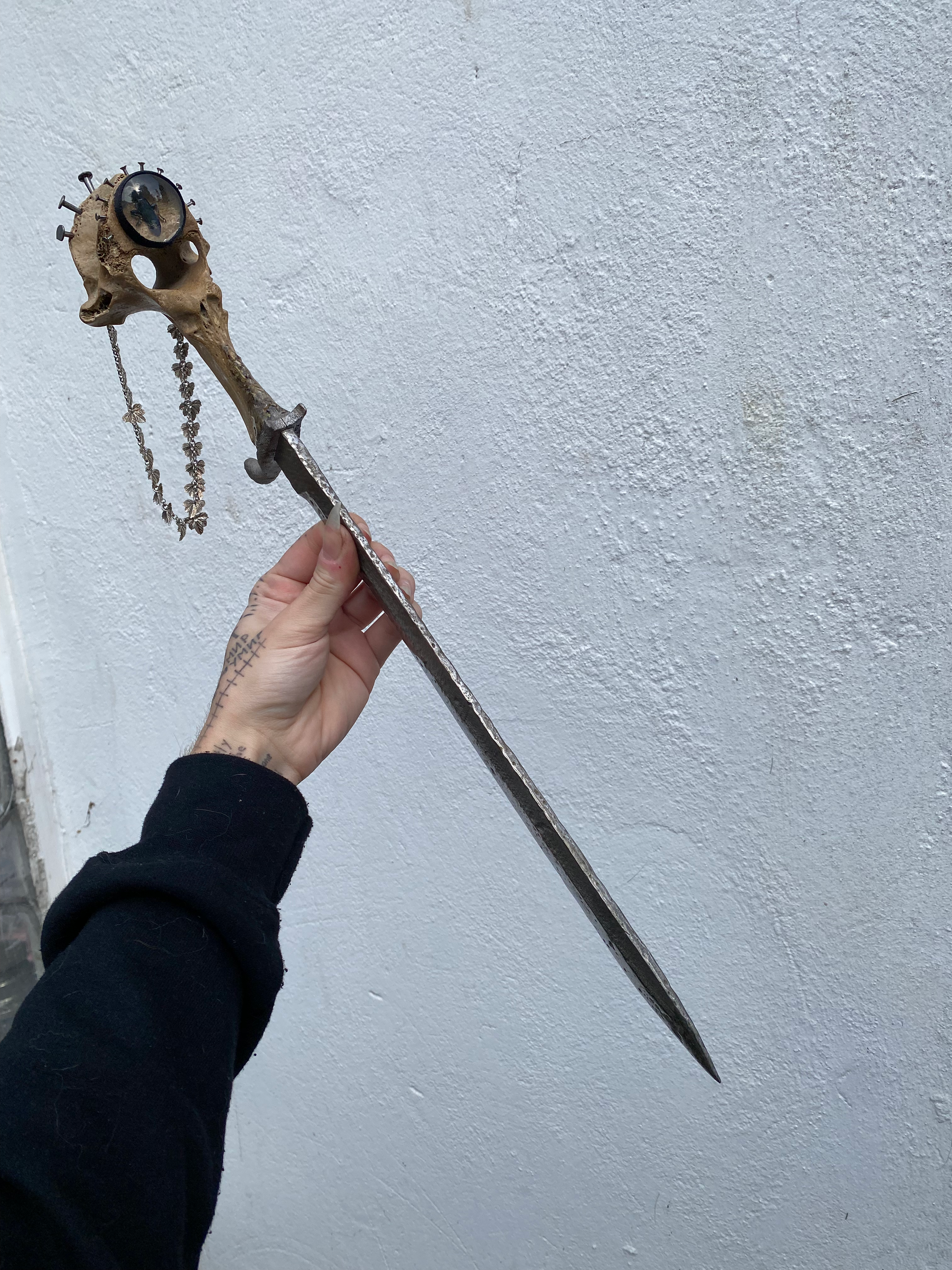 Large Vertibrae Sword with Blue Beetle, Coffins Nails, Silver Chain image 13