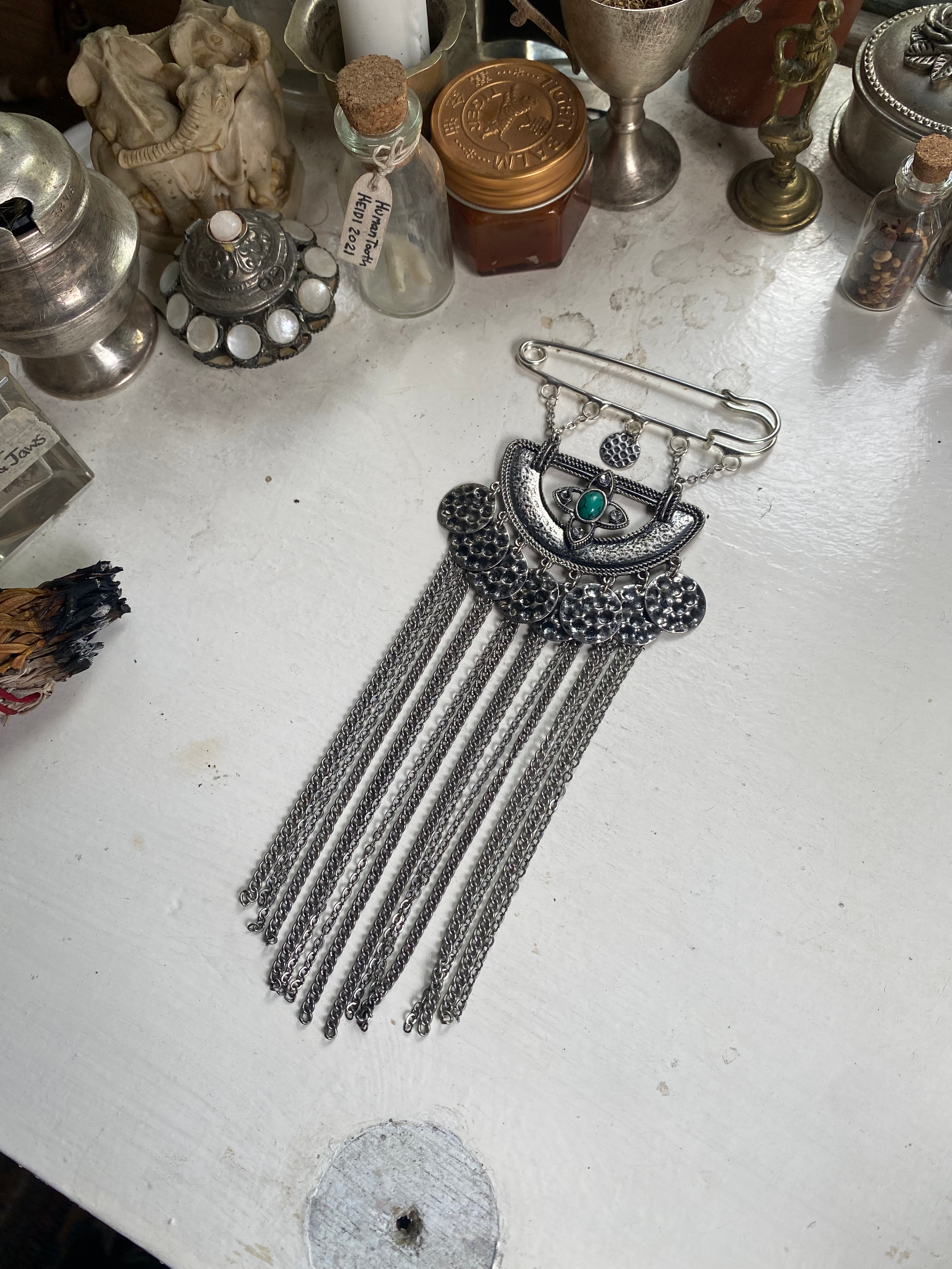 Turquoise and Chain Safety Pin/Brooch image 0