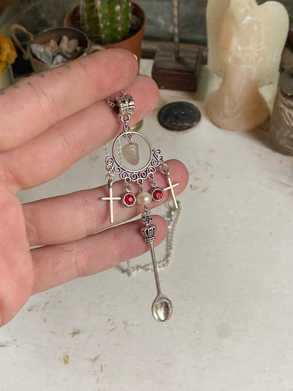 Miniature Spoon and Crosses Necklace with Rose Quartz image 0