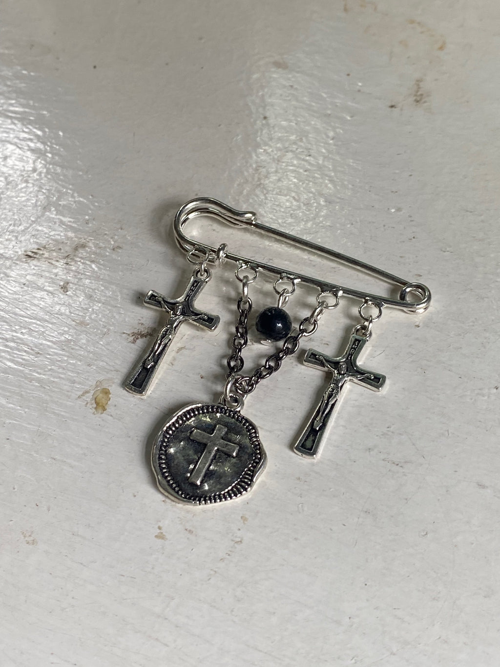 Safety Pin Brooch with Crosses image 1
