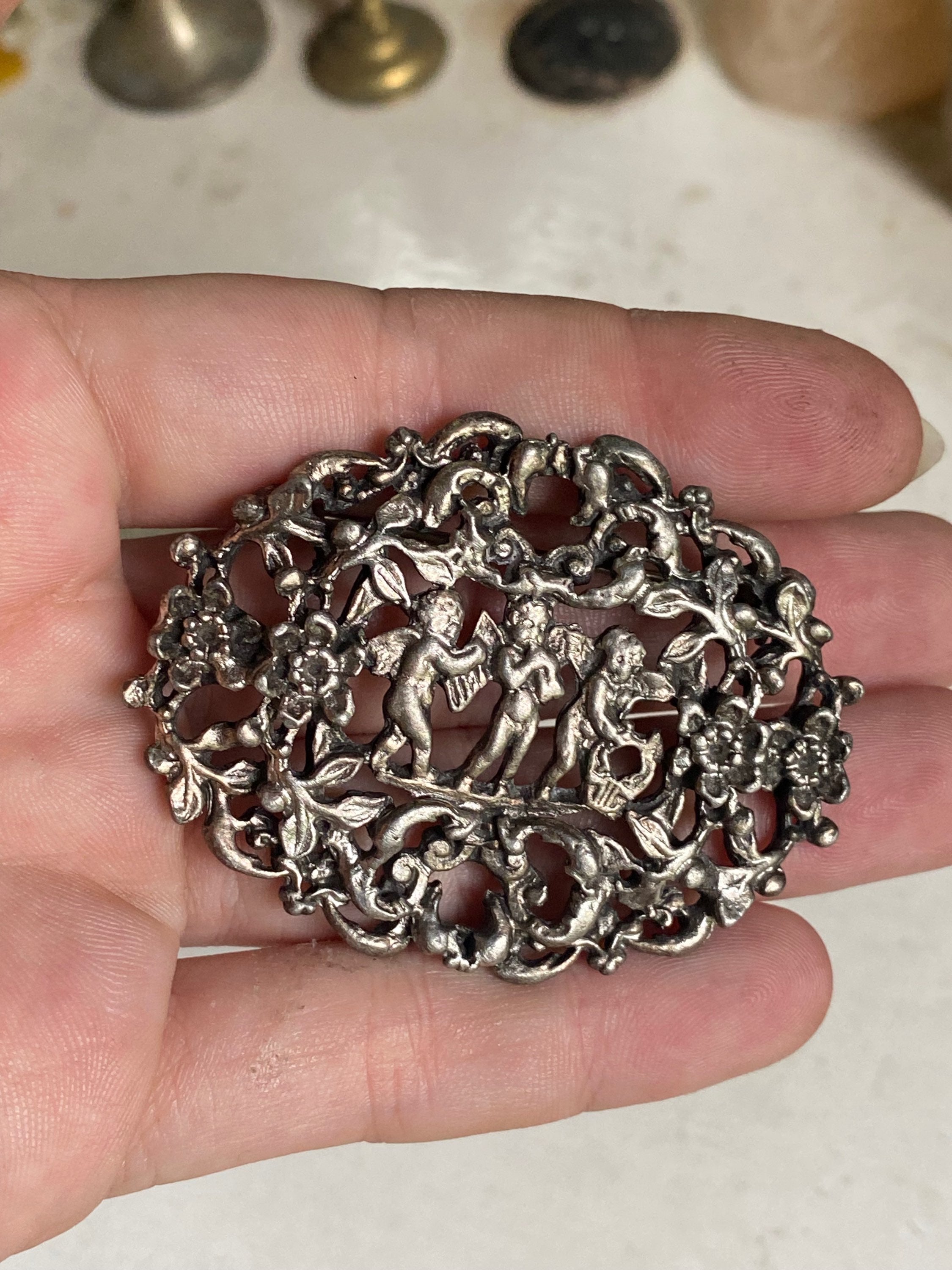 Filigree Victorian Brooch with Angels image 0
