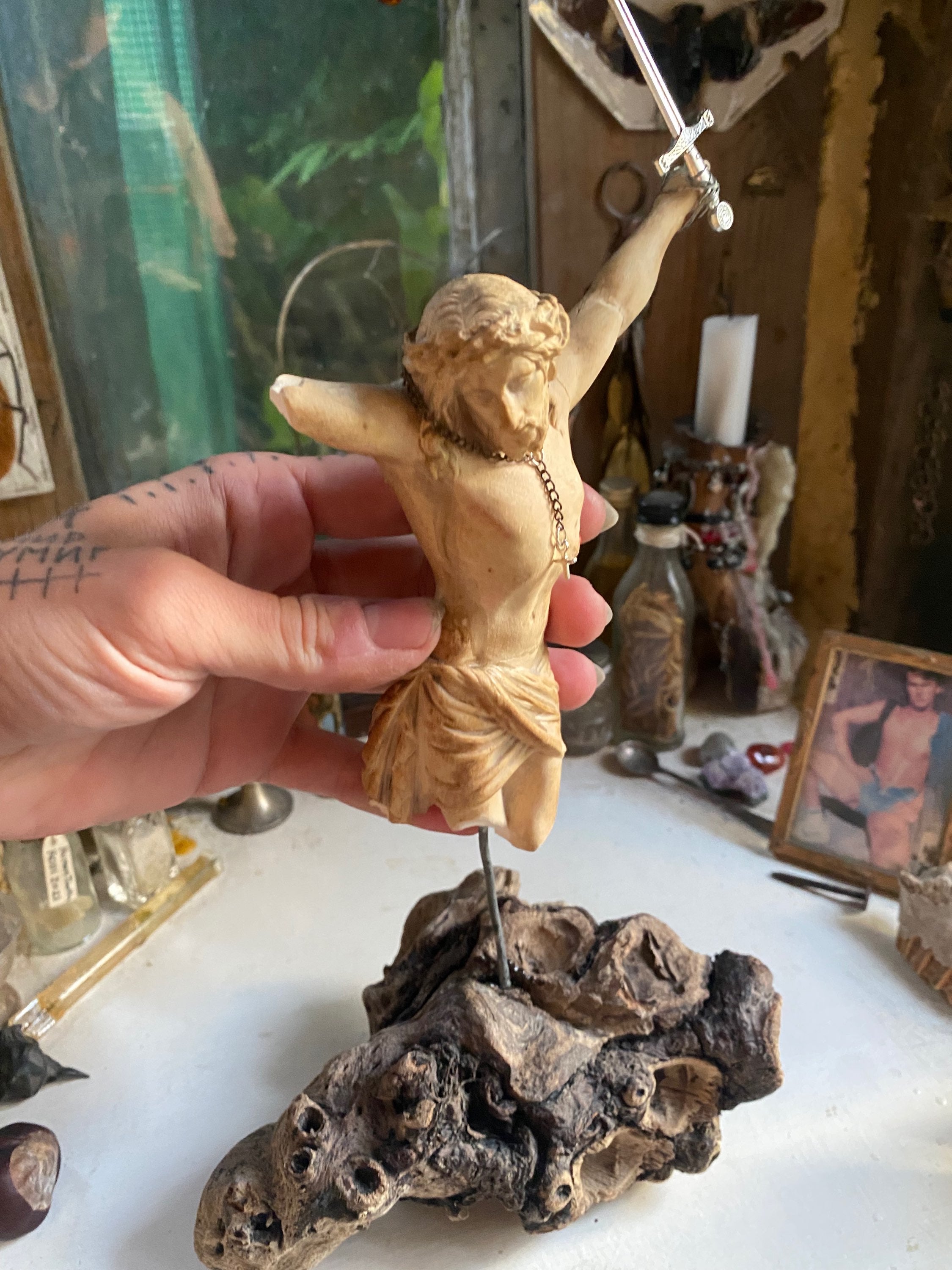 Vintage Crucified Jesus on a Driftwood Stand image 7