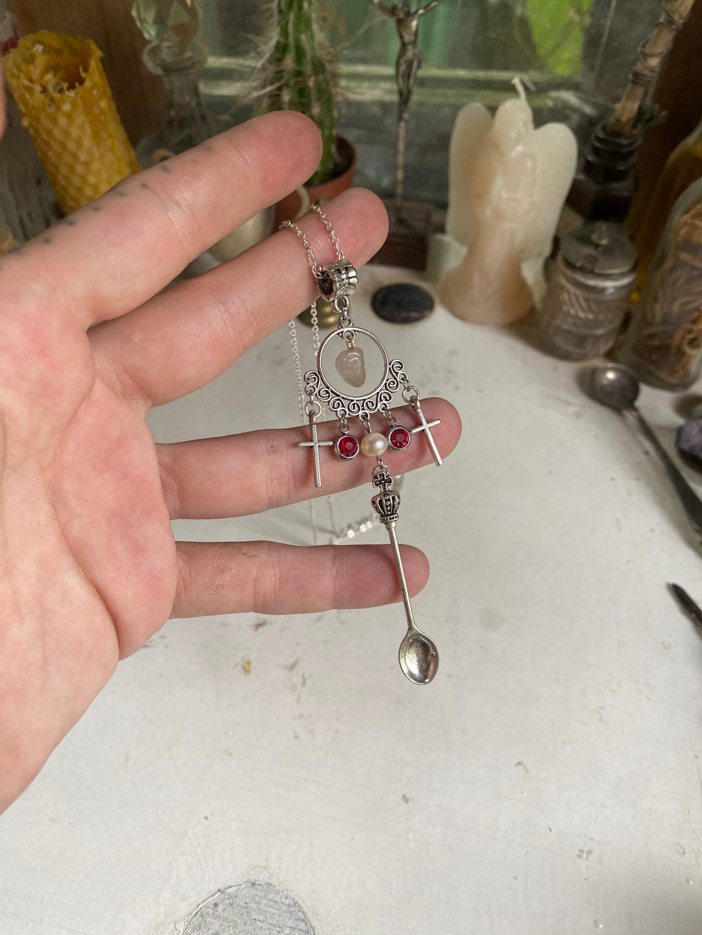 Miniature Spoon and Crosses Necklace with Rose Quartz image 5