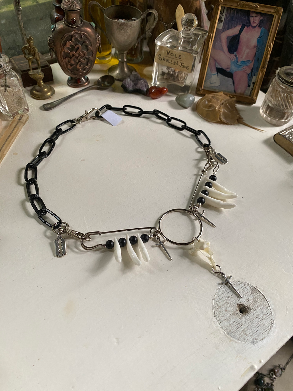 Mink Vertibrae and Coyote Teeth Black Chain Necklace image 1