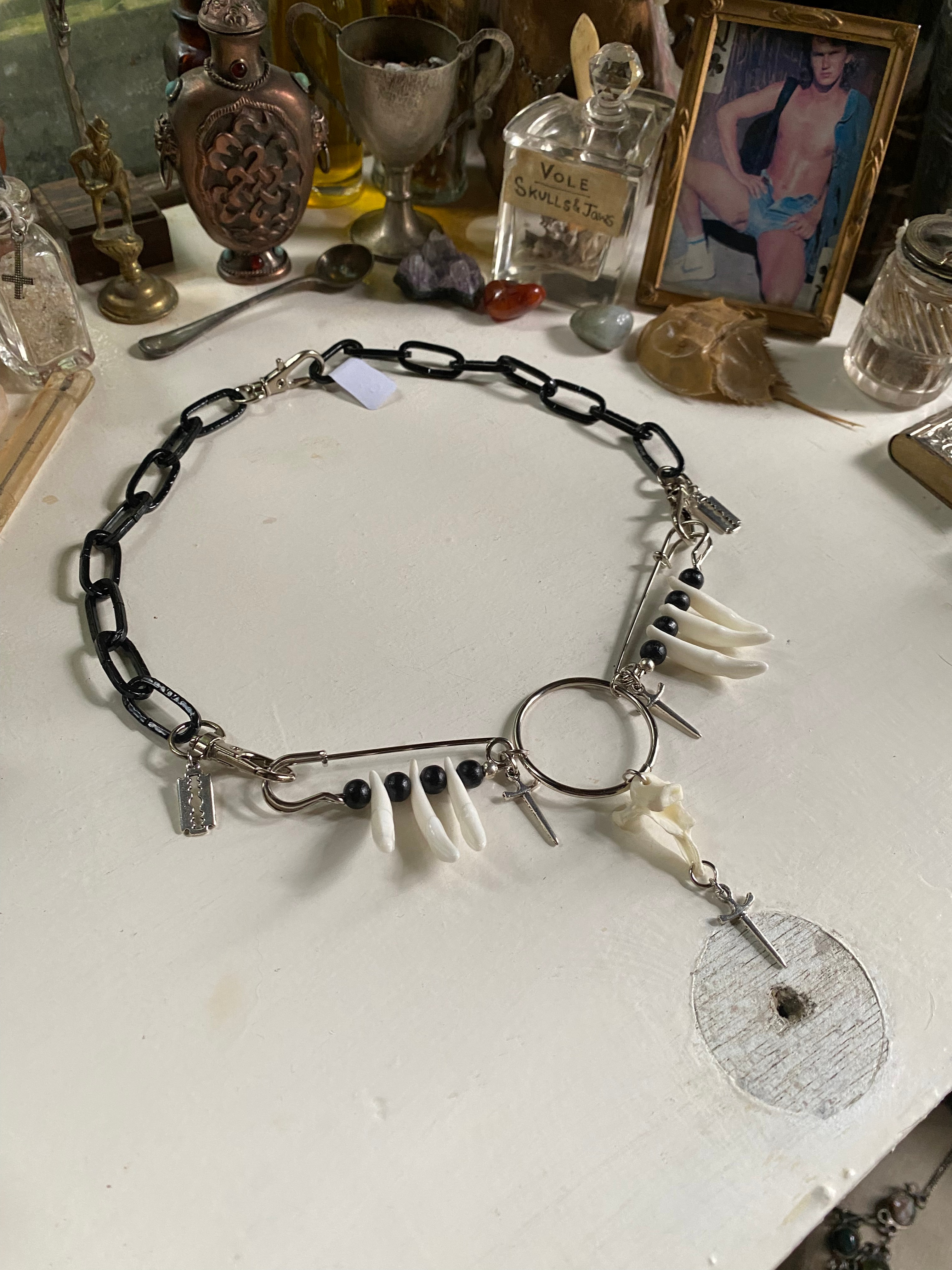 Mink Vertibrae and Coyote Teeth Black Chain Necklace image 1