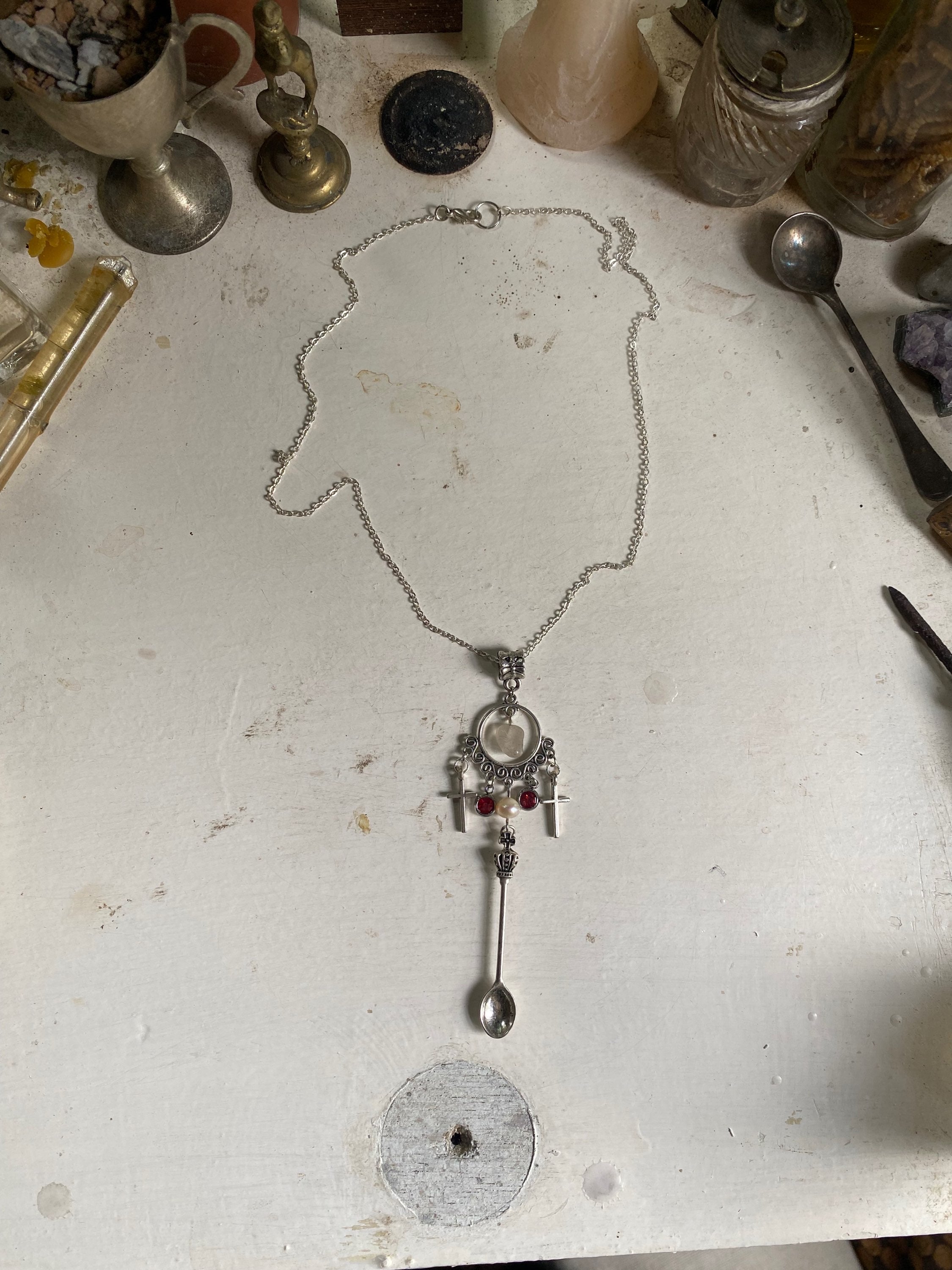 Miniature Spoon and Crosses Necklace with Rose Quartz image 4